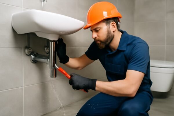 فني صحي يصلح تسريب مياه تحت حوض الحمام.