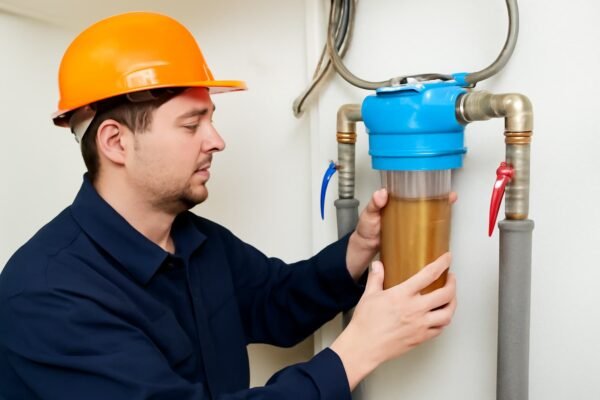 فني صحي يقوم بفحص وتنظيف فلتر المياه