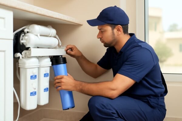 فني صيانة يقوم بإصلاح نظام فلتر المياه في مطبخ منزل في الكويت.
