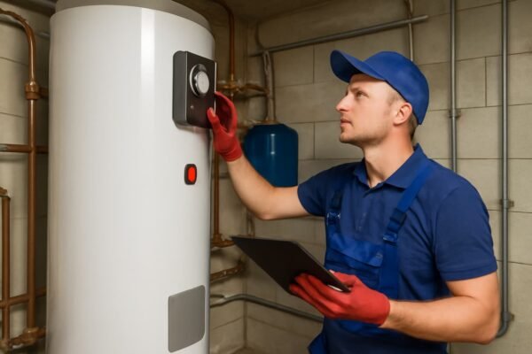 فني تركيب أثناء فحص السخان بعد التركيب للتأكد من أن كل الأنظمة تعمل بشكل صحيح