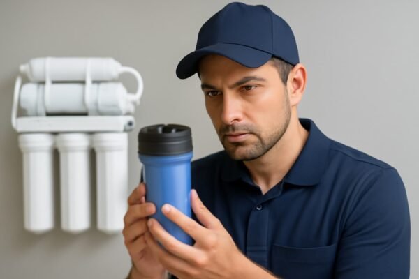 فني فلاتر مياه يقوم بفحص فلتر أزرق للتأكد من جودته في مكان عمل داخلي