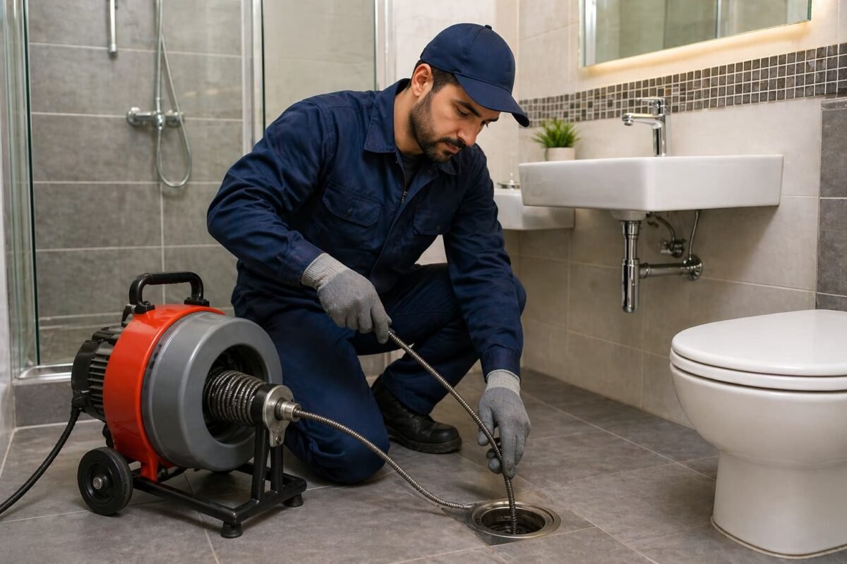 تسليك بالوعة داخل حمام باستخدام جهاز حديث