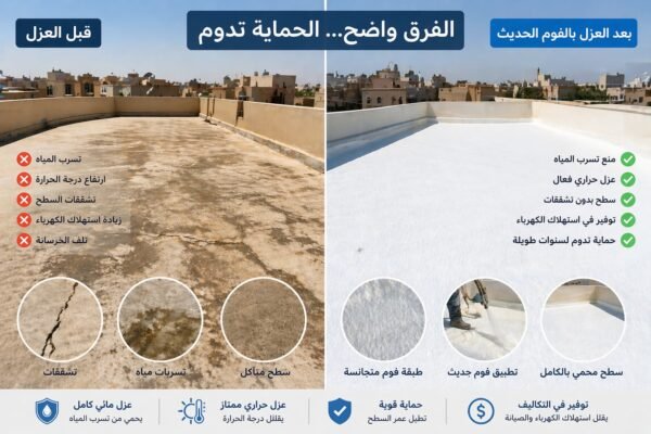 الفرق بين السطح قبل وبعد عزل الفوم