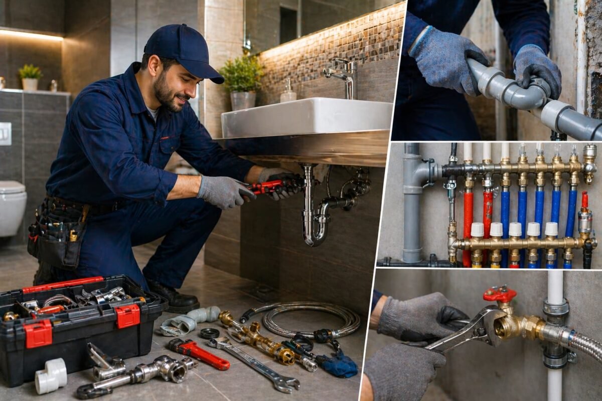 فني صحي يقوم بأعمال سباكة داخل منزل