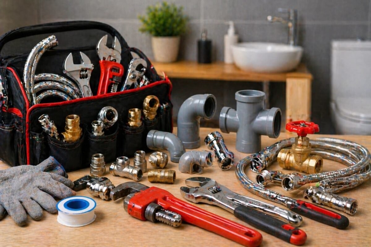 أدوات سباكة مرتبة على سطح عمل