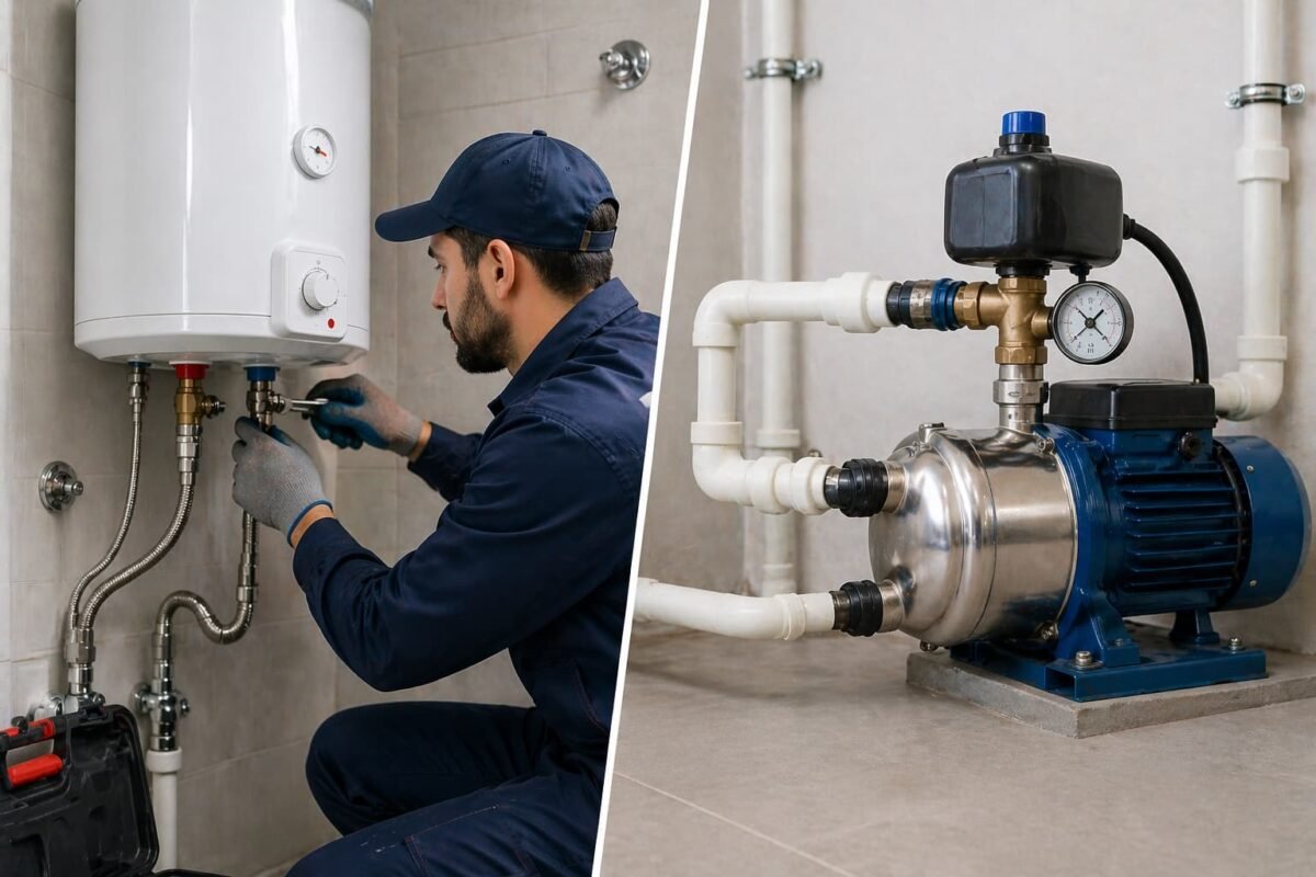 فني صحي يركب سخان مياه مع مضخة