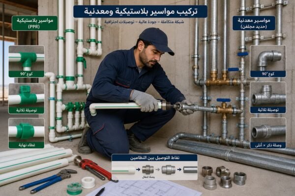 فني سباكة يركب مواسير بلاستيكية ومعدنية