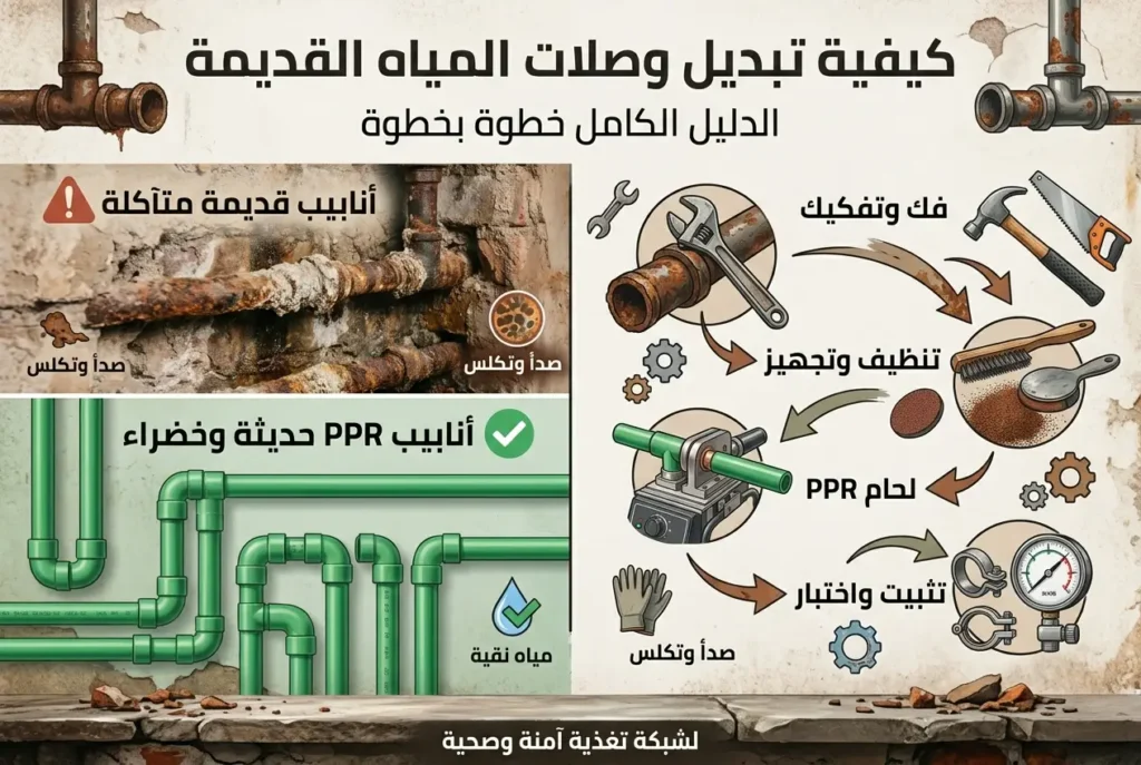 صورة إنفوجرافيك توضيحية تلخص خطوات كيفية تبديل وصلات المياه القديمة التالفة بأنابيب PPR الحديثة