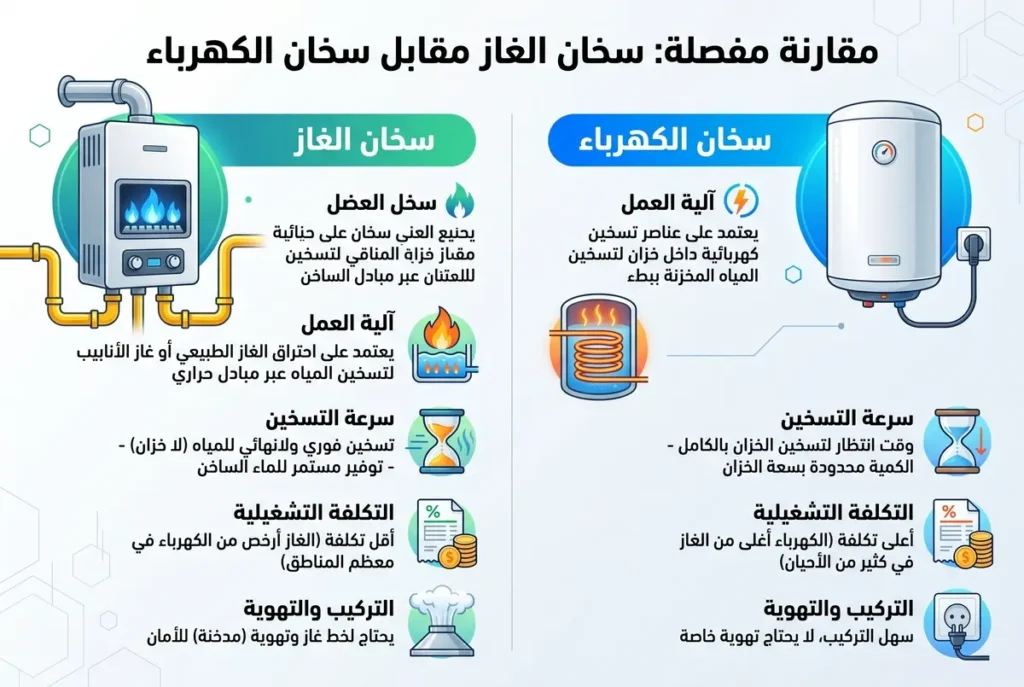 إنفوجرافيك يقارن بين سخان الغاز وسخان الكهرباء من حيث التشغيل والتكلفة