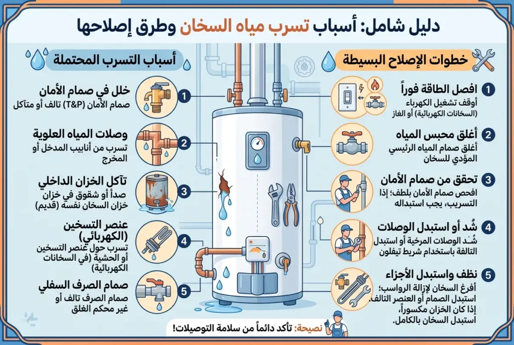رسم توضيحي لأسباب تسرب المياه من السخان وخطوات إصلاحها
