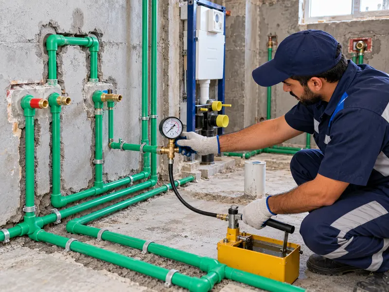 تمديدات مواسير PPR جديدة في حمام قبل التبليط، مع ساعة اختبار ضغط موصولة بالشبكة للتأكد من خلوها من التسرب